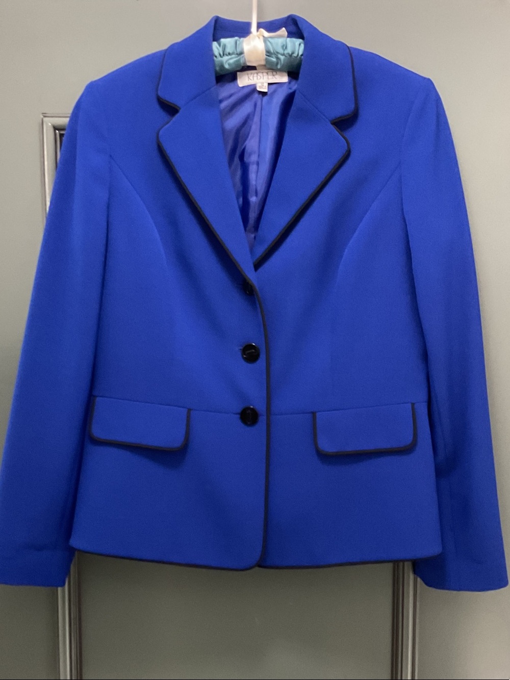 Classic Kasper Women's Cobalt Blue Blazer with Black Piping & Peplum